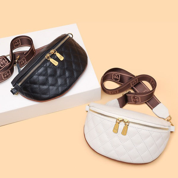 Myra Quilted Leather Crescent Sling Bag with Rear Zip Pocket and Adjustable Strap 9.5x6 Inch