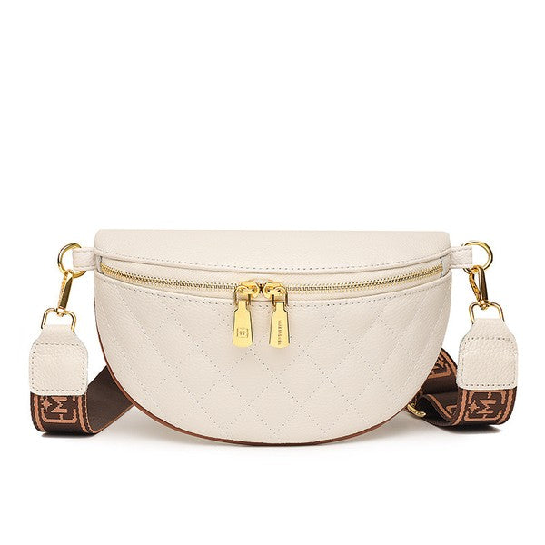Myra Quilted Leather Crescent Sling Bag with Rear Zip Pocket and Adjustable Strap 9.5x6 Inch