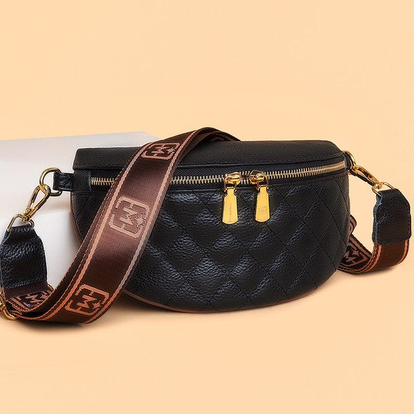 Myra Quilted Leather Crescent Sling Bag with Rear Zip Pocket and Adjustable Strap 9.5x6 Inch