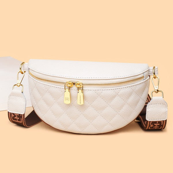 Myra Quilted Leather Crescent Sling Bag with Rear Zip Pocket and Adjustable Strap 9.5x6 Inch