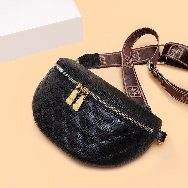 Myra Quilted Leather Crescent Sling Bag with Rear Zip Pocket and Adjustable Strap 9.5x6 Inch