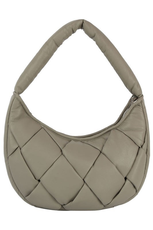 Ecostitch Puffy Woven Hobo Shoulder Bag Faux Vegan Leather Zip Top Closure Silver-Tone Hardware 14x3.3x8.8 Inches