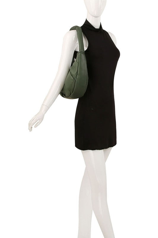 Ecostitch Puffy Woven Hobo Shoulder Bag Faux Vegan Leather Zip Top Closure Silver-Tone Hardware 14x3.3x8.8 Inches