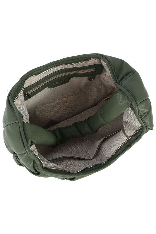 Ecostitch Puffy Woven Hobo Shoulder Bag Faux Vegan Leather Zip Top Closure Silver-Tone Hardware 14x3.3x8.8 Inches