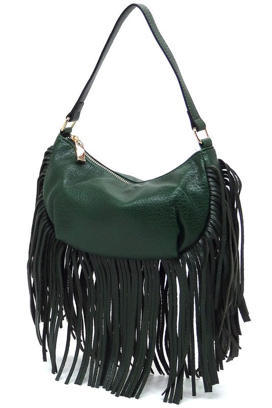 Fringe Hobo Bag Faux Vegan Leather Zip Top Closure Gold-Tone Hardware