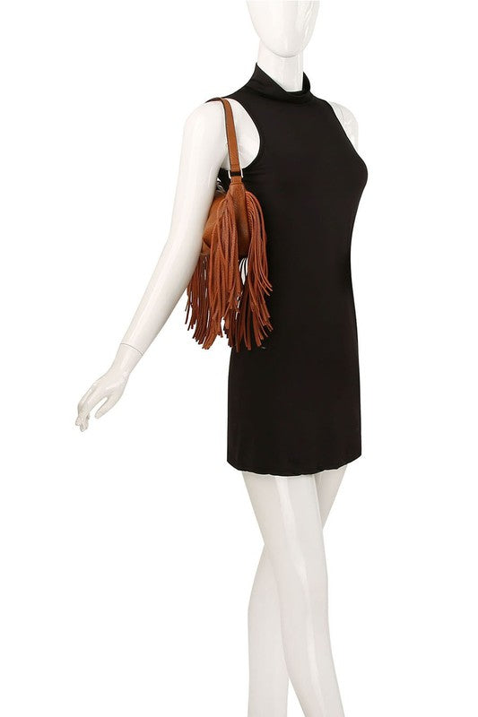 Fringe Hobo Bag Faux Vegan Leather Zip Top Closure Gold-Tone Hardware