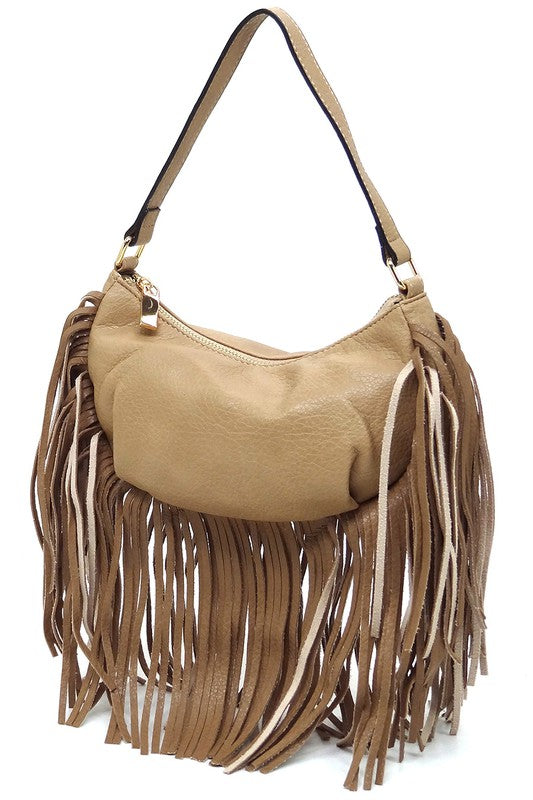 Fringe Hobo Bag Faux Vegan Leather Zip Top Closure Gold-Tone Hardware