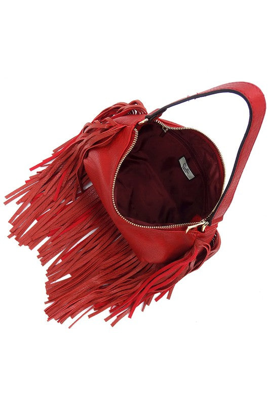 Fringe Hobo Bag Faux Vegan Leather Zip Top Closure Gold-Tone Hardware