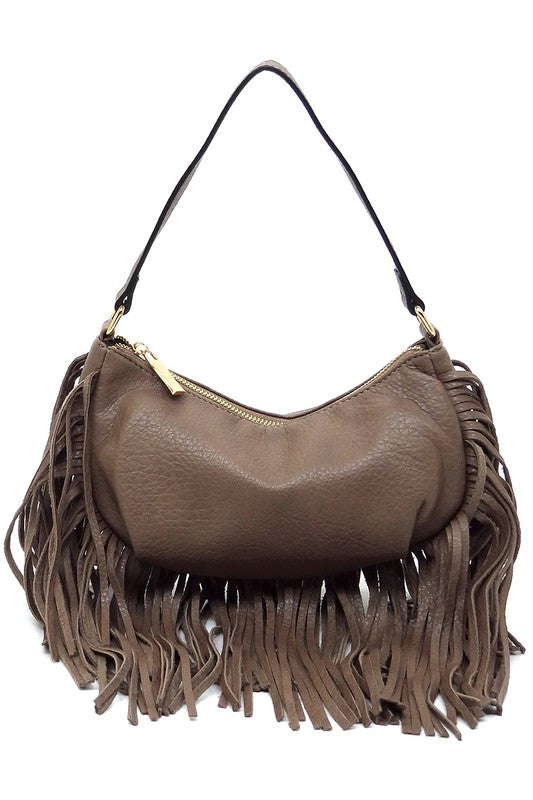 Fringe Hobo Bag Faux Vegan Leather Zip Top Closure Gold-Tone Hardware