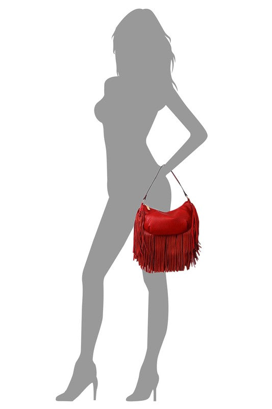 Fringe Hobo Bag Faux Vegan Leather Zip Top Closure Gold-Tone Hardware