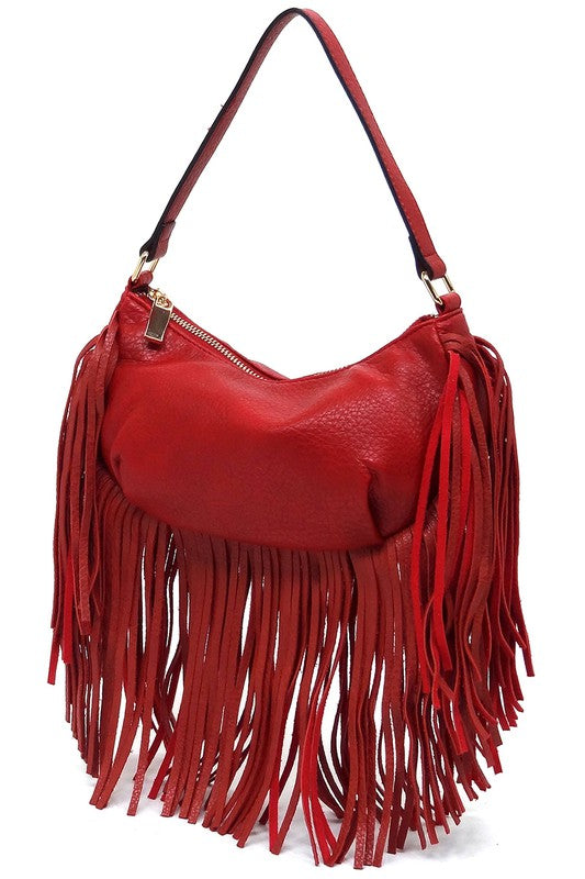 Fringe Hobo Bag Faux Vegan Leather Zip Top Closure Gold-Tone Hardware