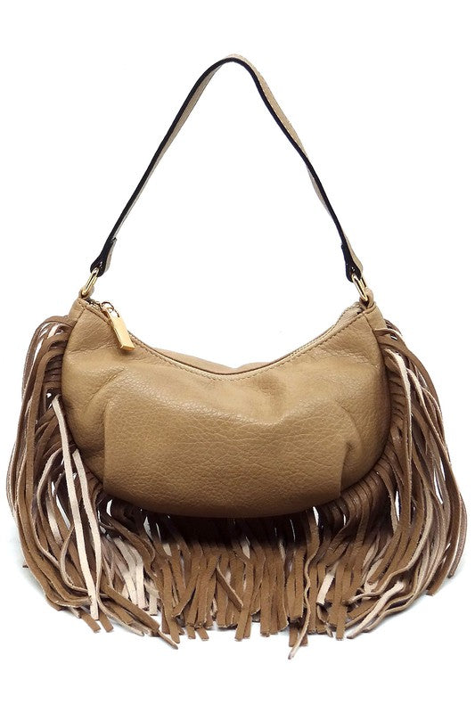 Fringe Hobo Bag Faux Vegan Leather Zip Top Closure Gold-Tone Hardware