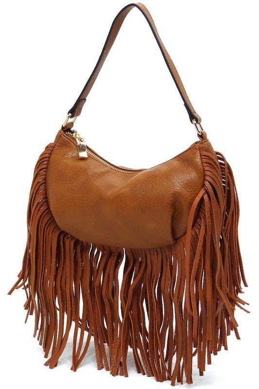 Fringe Hobo Bag Faux Vegan Leather Zip Top Closure Gold-Tone Hardware