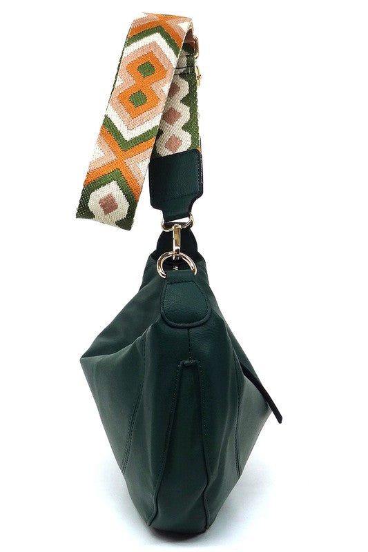 Aztec Guitar Strap Hobo Crossbody Bag Faux Vegan Leather Zip Top Closure Gold-Tone Hardware Detachable Shoulder Strap