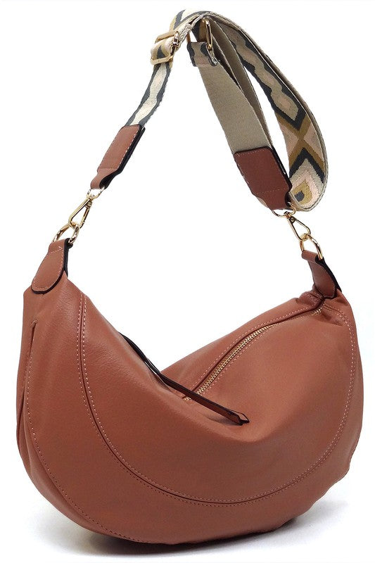 Aztec Guitar Strap Hobo Crossbody Bag Faux Vegan Leather Zip Top Closure Gold-Tone Hardware Detachable Shoulder Strap