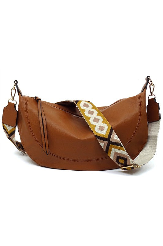 Aztec Guitar Strap Hobo Crossbody Bag Faux Vegan Leather Zip Top Closure Gold-Tone Hardware Detachable Shoulder Strap