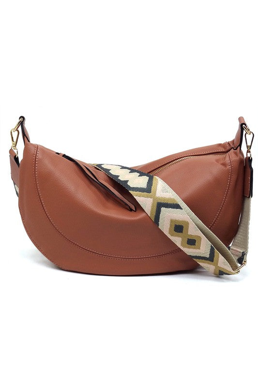 Aztec Guitar Strap Hobo Crossbody Bag Faux Vegan Leather Zip Top Closure Gold-Tone Hardware Detachable Shoulder Strap