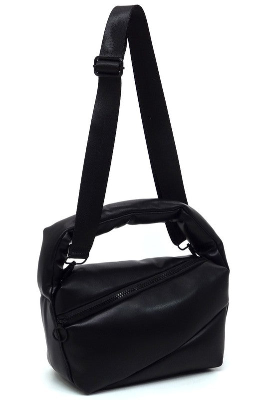 Puffy Tote Crossbody Bag Faux Vegan Leather Zip Top Closure Detachable Shoulder Strap 11.5L x 6.5H x 5.3W