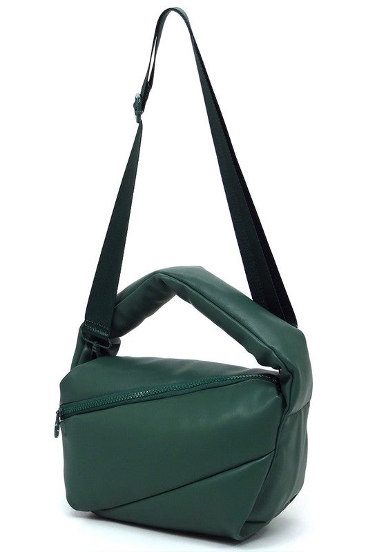 Puffy Tote Crossbody Bag Faux Vegan Leather Zip Top Closure Detachable Shoulder Strap 11.5L x 6.5H x 5.3W