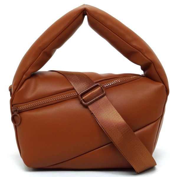 Puffy Tote Crossbody Bag Faux Vegan Leather Zip Top Closure Detachable Shoulder Strap 11.5L x 6.5H x 5.3W