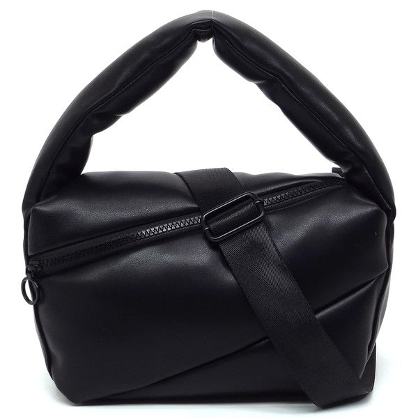Puffy Tote Crossbody Bag Faux Vegan Leather Zip Top Closure Detachable Shoulder Strap 11.5L x 6.5H x 5.3W