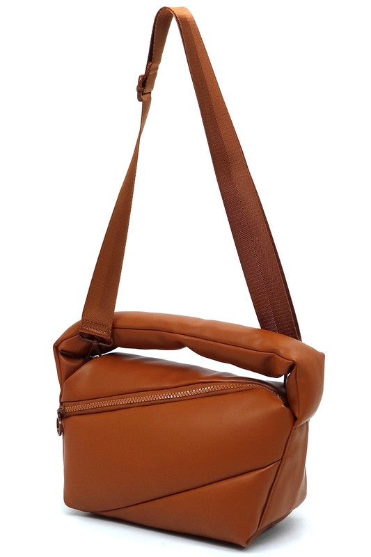 Puffy Tote Crossbody Bag Faux Vegan Leather Zip Top Closure Detachable Shoulder Strap 11.5L x 6.5H x 5.3W