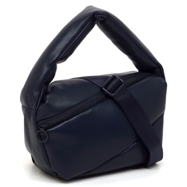 Puffy Tote Crossbody Bag Faux Vegan Leather Zip Top Closure Detachable Shoulder Strap 11.5L x 6.5H x 5.3W