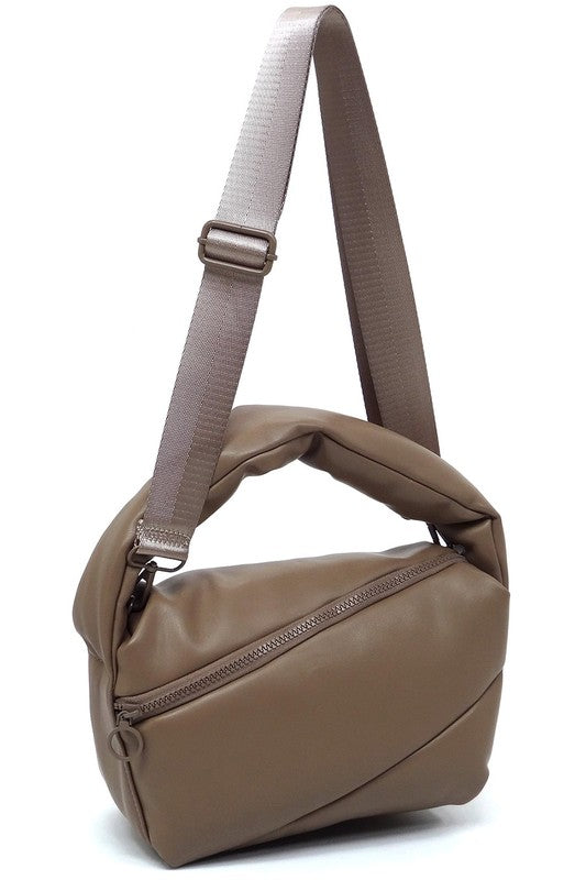 Puffy Tote Crossbody Bag Faux Vegan Leather Zip Top Closure Detachable Shoulder Strap 11.5L x 6.5H x 5.3W