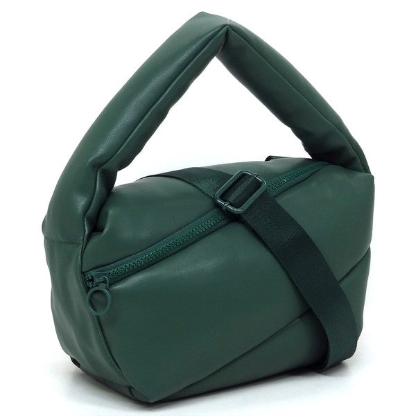 Puffy Tote Crossbody Bag Faux Vegan Leather Zip Top Closure Detachable Shoulder Strap 11.5L x 6.5H x 5.3W
