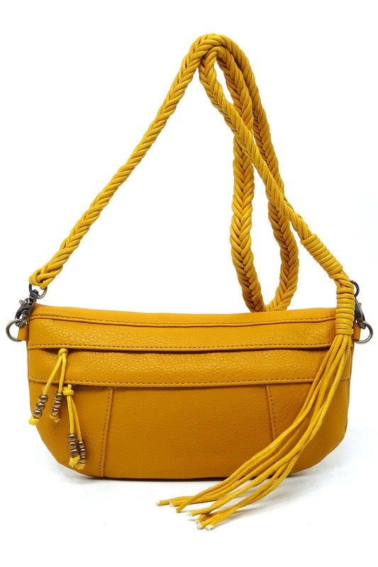 Braided Tassel Strap Crossbody Bag Faux Vegan Leather Zip Top Closure Antique Gold-tone Hardware Detachable Shoulder Strap 11x6x1.5
