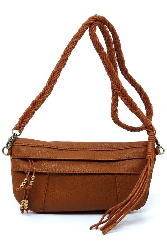 Braided Tassel Strap Crossbody Bag Faux Vegan Leather Zip Top Closure Antique Gold-tone Hardware Detachable Shoulder Strap 11x6x1.5