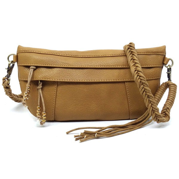 Braided Tassel Strap Crossbody Bag Faux Vegan Leather Zip Top Closure Antique Gold-tone Hardware Detachable Shoulder Strap 11x6x1.5