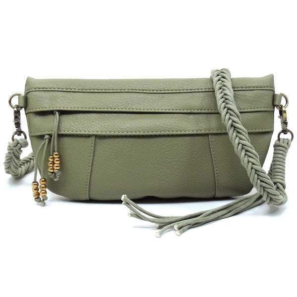 Braided Tassel Strap Crossbody Bag Faux Vegan Leather Zip Top Closure Antique Gold-tone Hardware Detachable Shoulder Strap 11x6x1.5