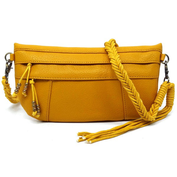 Braided Tassel Strap Crossbody Bag Faux Vegan Leather Zip Top Closure Antique Gold-tone Hardware Detachable Shoulder Strap 11x6x1.5