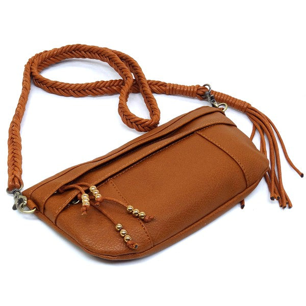Braided Tassel Strap Crossbody Bag Faux Vegan Leather Zip Top Closure Antique Gold-tone Hardware Detachable Shoulder Strap 11x6x1.5