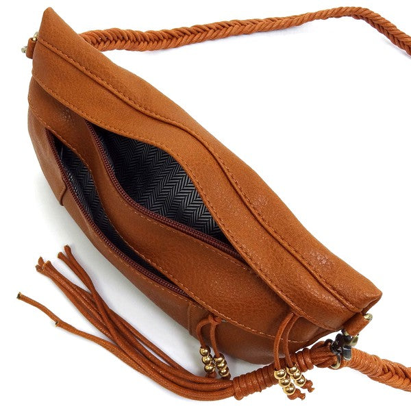 Braided Tassel Strap Crossbody Bag Faux Vegan Leather Zip Top Closure Antique Gold-tone Hardware Detachable Shoulder Strap 11x6x1.5