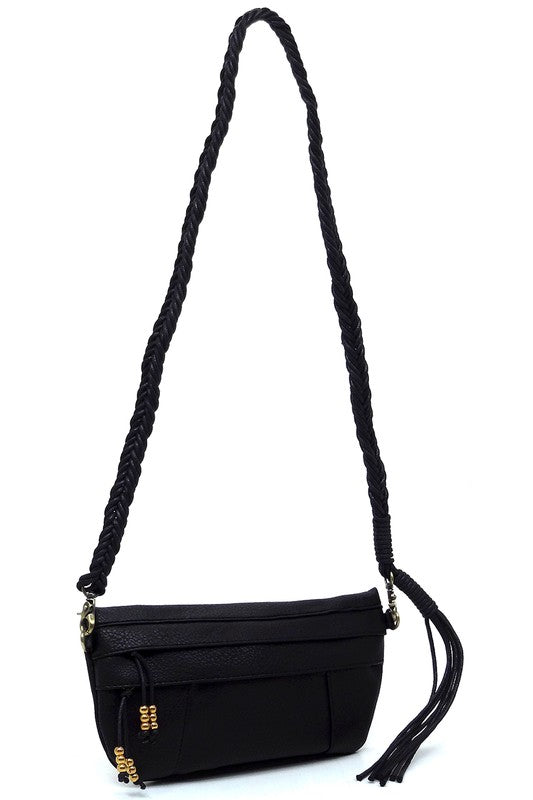 Braided Tassel Strap Crossbody Bag Faux Vegan Leather Zip Top Closure Antique Gold-tone Hardware Detachable Shoulder Strap 11x6x1.5
