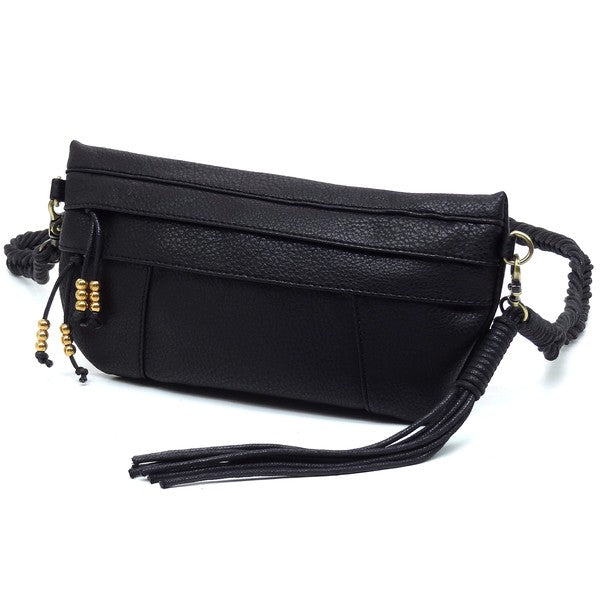 Braided Tassel Strap Crossbody Bag Faux Vegan Leather Zip Top Closure Antique Gold-tone Hardware Detachable Shoulder Strap 11x6x1.5