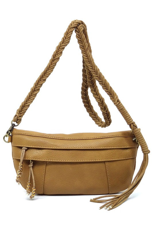 Braided Tassel Strap Crossbody Bag Faux Vegan Leather Zip Top Closure Antique Gold-tone Hardware Detachable Shoulder Strap 11x6x1.5