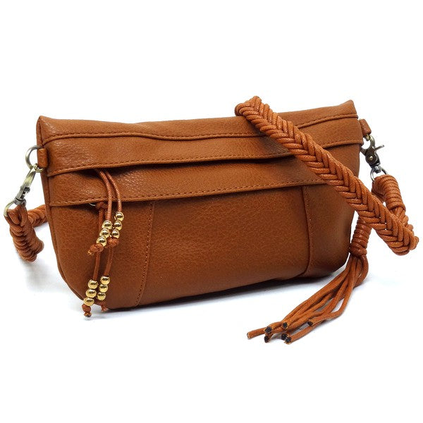Braided Tassel Strap Crossbody Bag Faux Vegan Leather Zip Top Closure Antique Gold-tone Hardware Detachable Shoulder Strap 11x6x1.5