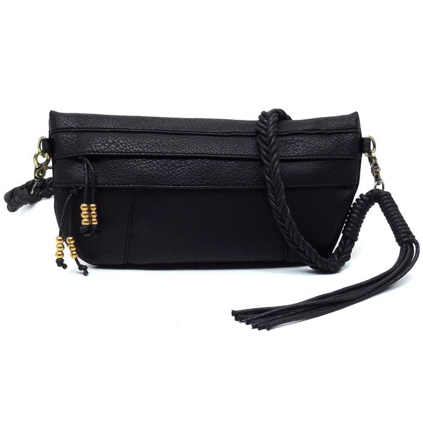 Braided Tassel Strap Crossbody Bag Faux Vegan Leather Zip Top Closure Antique Gold-tone Hardware Detachable Shoulder Strap 11x6x1.5