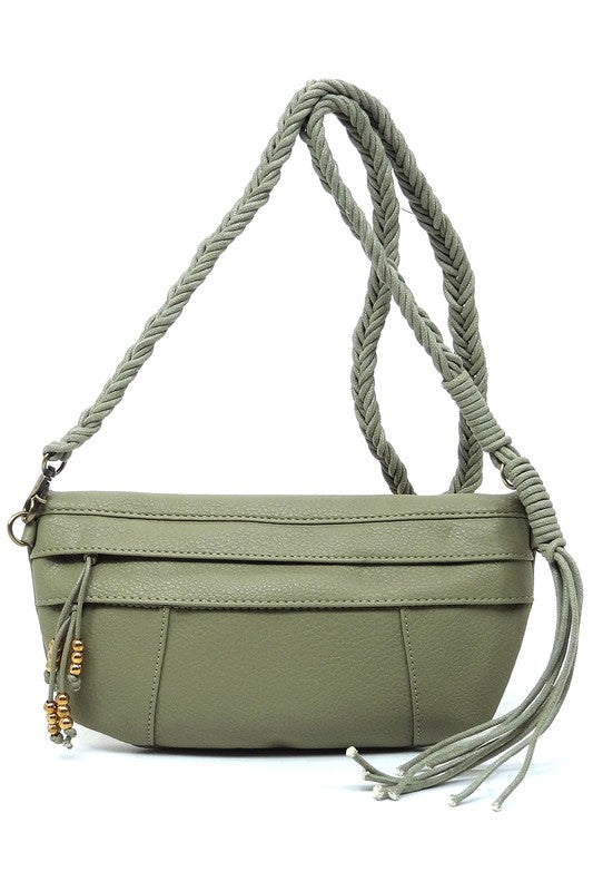 Braided Tassel Strap Crossbody Bag Faux Vegan Leather Zip Top Closure Antique Gold-tone Hardware Detachable Shoulder Strap 11x6x1.5
