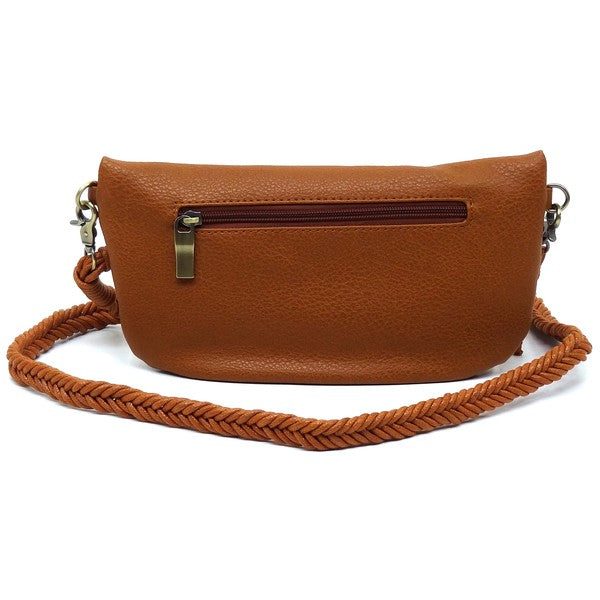 Braided Tassel Strap Crossbody Bag Faux Vegan Leather Zip Top Closure Antique Gold-tone Hardware Detachable Shoulder Strap 11x6x1.5