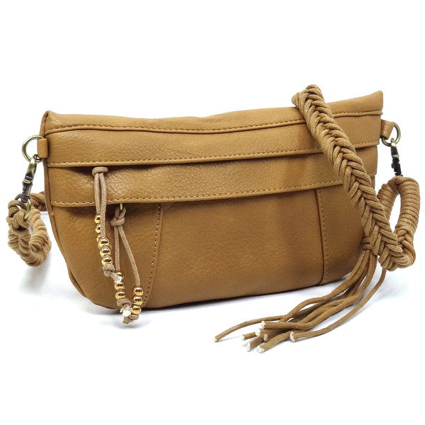 Braided Tassel Strap Crossbody Bag Faux Vegan Leather Zip Top Closure Antique Gold-tone Hardware Detachable Shoulder Strap 11x6x1.5