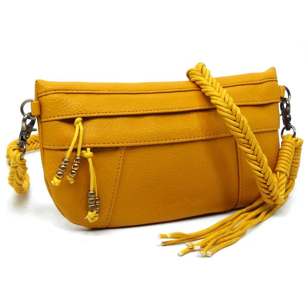 Braided Tassel Strap Crossbody Bag Faux Vegan Leather Zip Top Closure Antique Gold-tone Hardware Detachable Shoulder Strap 11x6x1.5
