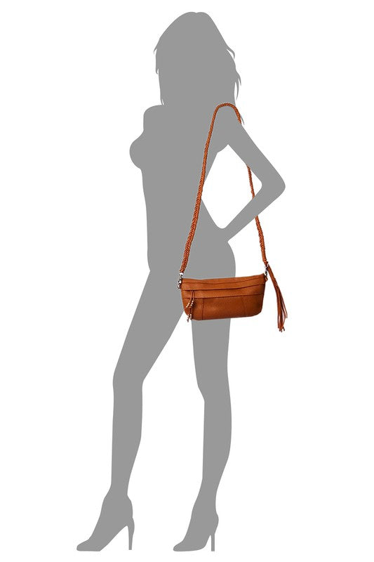 Braided Tassel Strap Crossbody Bag Faux Vegan Leather Zip Top Closure Antique Gold-tone Hardware Detachable Shoulder Strap 11x6x1.5