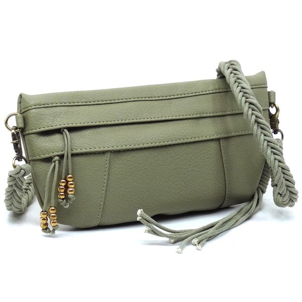 Braided Tassel Strap Crossbody Bag Faux Vegan Leather Zip Top Closure Antique Gold-tone Hardware Detachable Shoulder Strap 11x6x1.5