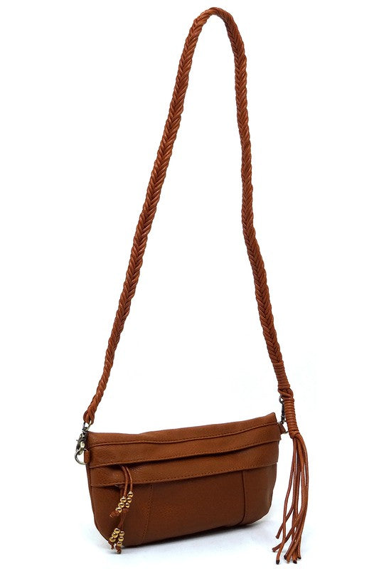 Braided Tassel Strap Crossbody Bag Faux Vegan Leather Zip Top Closure Antique Gold-tone Hardware Detachable Shoulder Strap 11x6x1.5