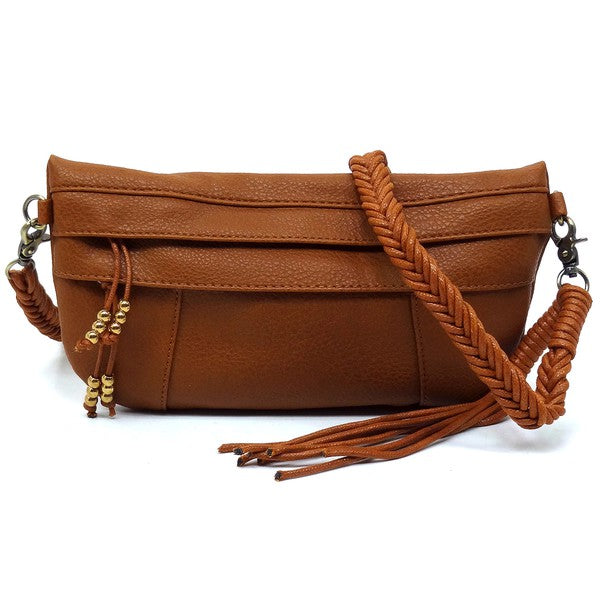 Braided Tassel Strap Crossbody Bag Faux Vegan Leather Zip Top Closure Antique Gold-tone Hardware Detachable Shoulder Strap 11x6x1.5