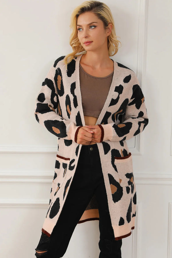 Leopard Long Sleeve Cardigan with Pockets and Slight Stretch Fabric